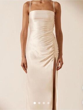 Shona Joy Champagne Satin Strapless Ruched Side-Slit Slip Dress